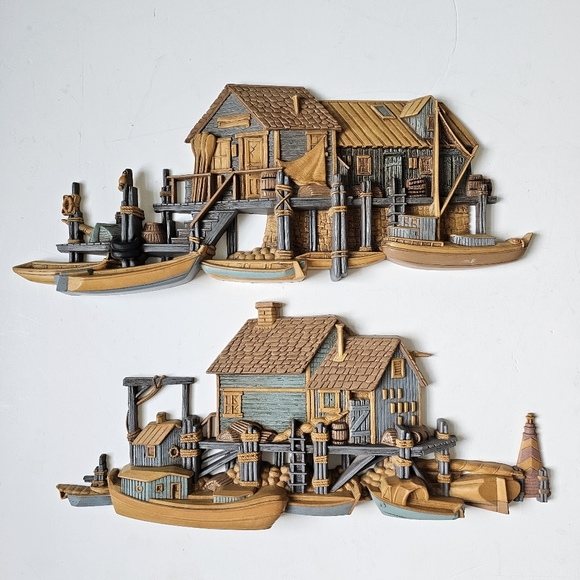 Pair of 1970's Burwood 3D Wall Hanging Seaside Vtg Set Fishing Wharf Boat Dock - Picture 16 of 16